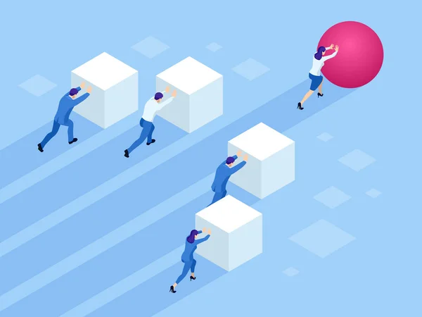 Isometric Business people pushing cubes. Winner easily moving the cube. Winning strategy, efficiency, innovation in business concept. — стоковий вектор