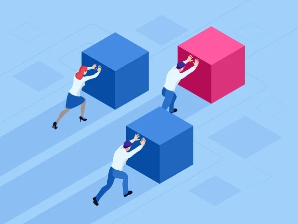 Isometric Business people pushing cubes. Winner easily moving the cube. Winning strategy, efficiency, innovation in business concept. — стоковий вектор