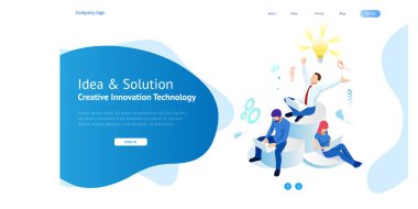 İzometrik yaratıcı fikir ve yenilik kavramı. Yenilikçi teknoloji ve yaratıcılık ile yeni fikirler. Beyin ampulü. İş toplantısı ve beyin fırtınası. Ekip çalışması için fikir ve iş konsepti.