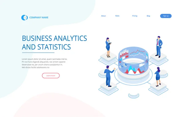 Isometric Expert team for Data Analysis, Business Statistic, Management, Consulting, Marketing. Analytique avancée, recherche, audit, démographie, intelligence artificielle, planification, gestion — Image vectorielle