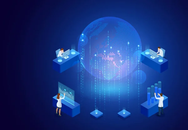 Conceito de Tecnologia Isométrica de Inovação Criativa. Interface Mapa Mundial e Inteligência Artificial . — Vetor de Stock