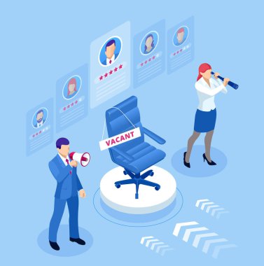 Web sayfası, afiş, sunum için isometrik işe alma ve işe alma kavramı. İzometrik Online iş arama ve insan kaynakları kavramı.