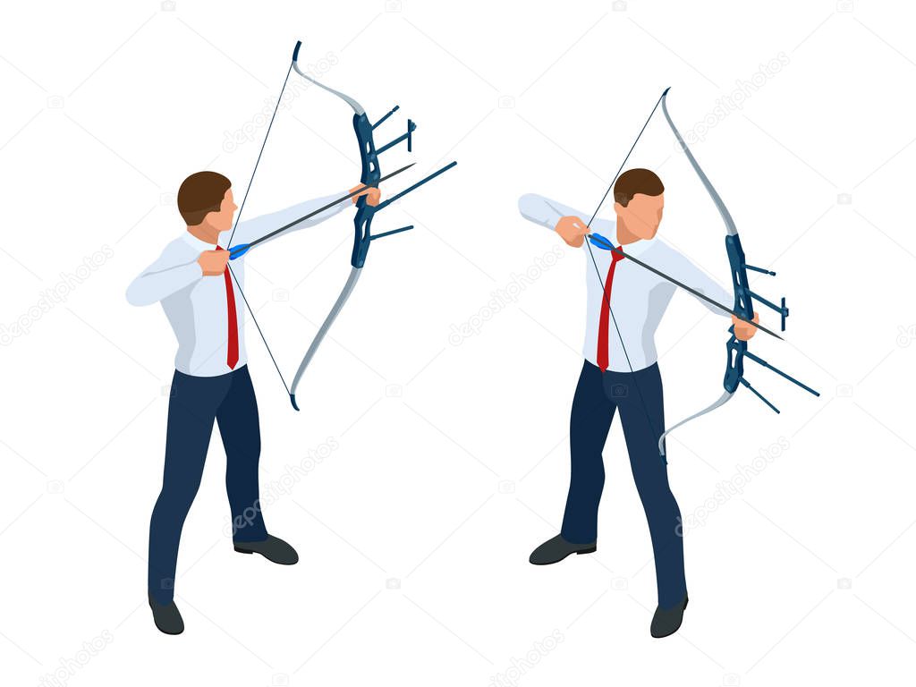 Isometric Businessman shooting a bow and arrow. Success. Arrow hit the center of the target. Business target achievement concept.