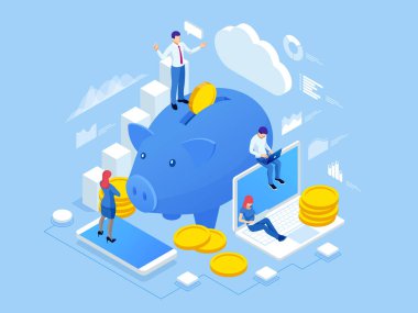 Yatırım için isometrik kişiler ve İş kavramı. Yatırım ve sanal finans. Yatırımlar için ticaret çözümleri, analiz konsepti.