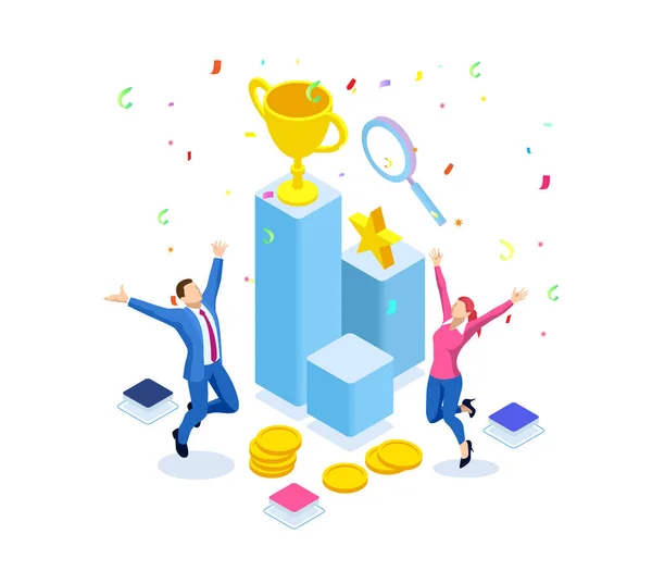 Isometric business team success, leadership, awards, career, successful projects, goal, winning plan, leadership qualities in a creative team, direction on a successful path concept — Stock Vector