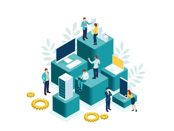 Las personas isométricas trabajan en equipo y logran la meta. Personas que interactúan con gráficos y analizan estadísticas. Concepto de visualización de datos . — Vector de stock