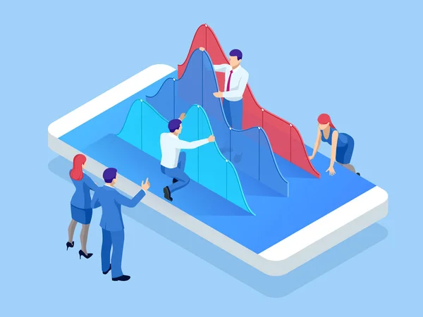 Teléfono móvil isométrico con diagrama gráfico. Análisis de tendencias empresariales. Concepto de pagos móviles, protección de datos personales . — Vector de stock