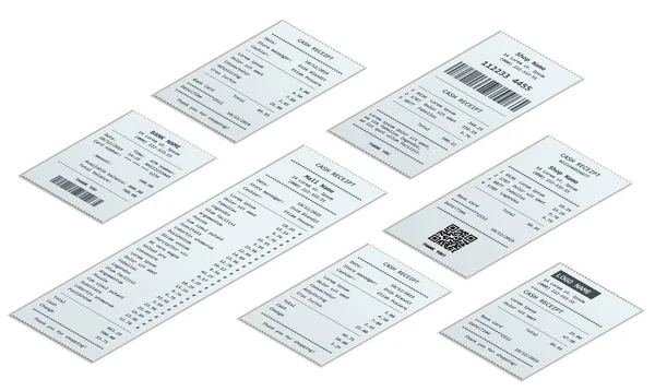 Isometric set of receipt records, design template of bill ATM, paper financial check for mockup. realistic payment paper bills for cash or credit card transaction. — 스톡 벡터