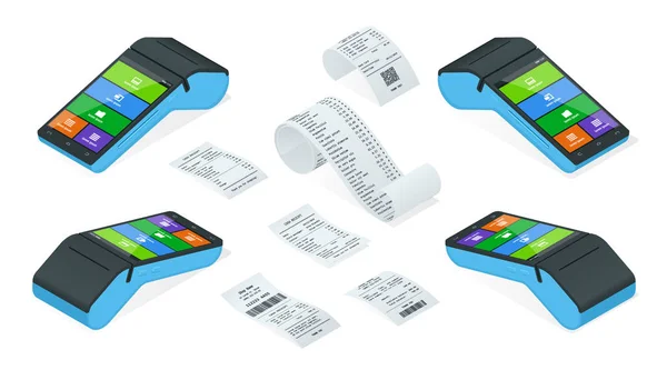 Set isometrico di macchina di pagamento o terminale POS con ricevute, modello di disegno o modello di bancomat, assegno finanziario cartaceo per mockup . — Vettoriale Stock