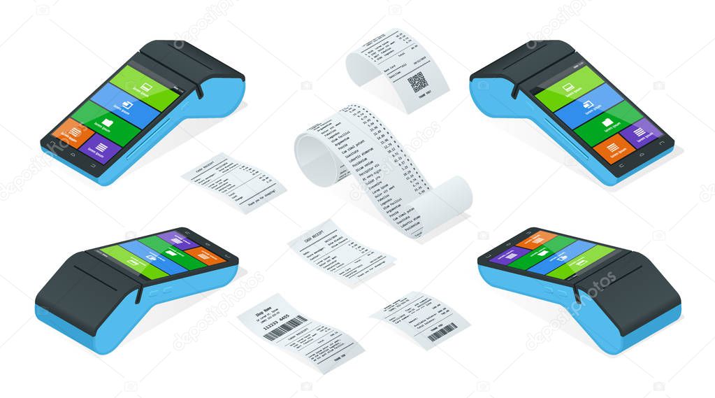 Isometric set of Payment Machine or POS Terminal with receipt records, design template of bill ATM, paper financial check for mockup.