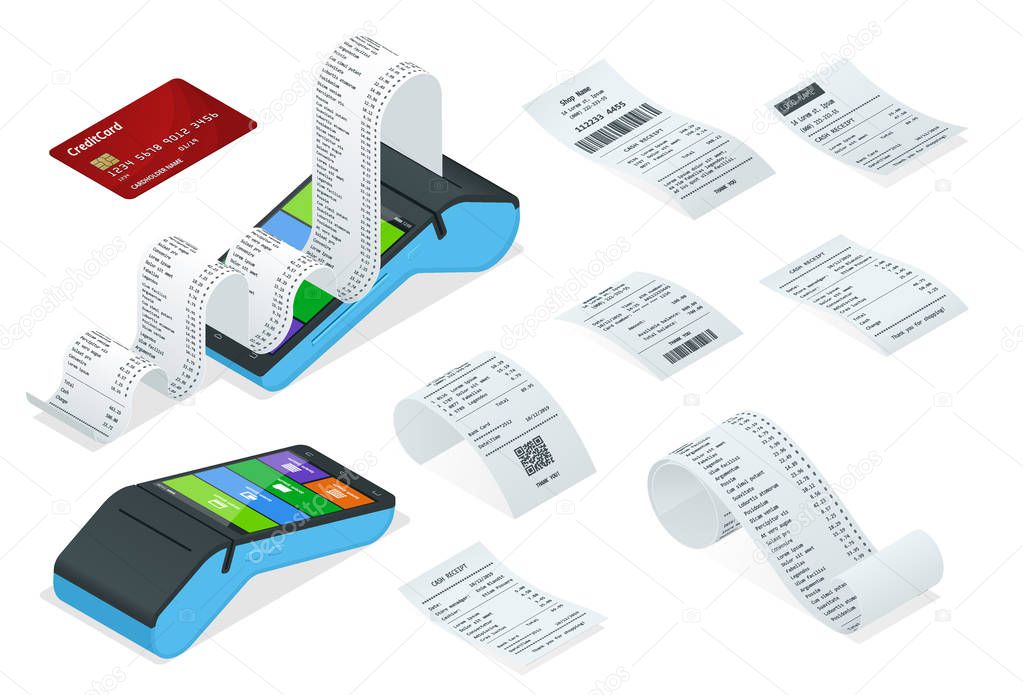 Isometric set of Payment Machine or POS Terminal with receipt records, design template of bill ATM, paper financial check for mockup.