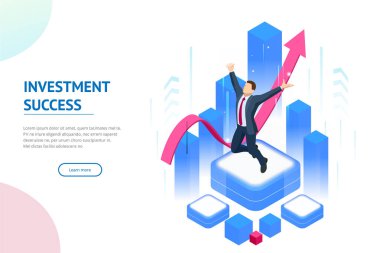İzometrik işadamı başarısı, liderlik, ödüller, kariyer, başarılı projeler, hedef, kazanma planı, yaratıcı bir ekipte liderlik nitelikleri, başarılı bir yol konseptinde yön