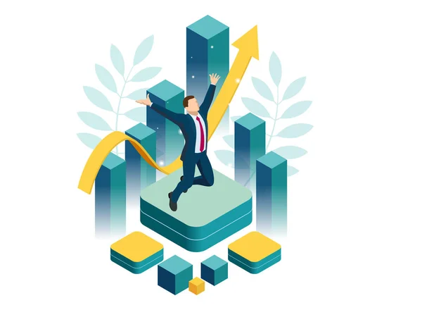 Isometric businessman success, leadership, awards, career, successful projects, goal, winning plan, leadership qualities in a creative team, direction on a successful path concept