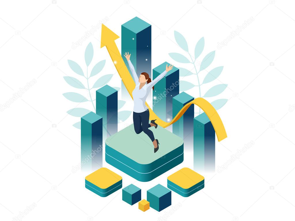 Isometric business woman success, leadership, awards, career, successful projects, goal, winning plan, leadership qualities in a creative team, direction on a successful path concept