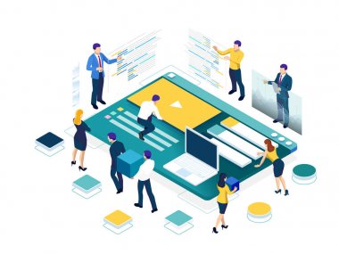 İzometrik Seo analitik takım konsepti. İçerik oluşturma uzmanı ve makale yazarları. Yazma hizmeti, Bu uzmanlar, arama motoru optimizasyonu analizi