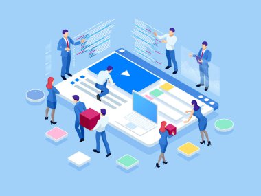 İzometrik Seo analitik takım konsepti. İçerik oluşturma uzmanı ve makale yazarları. Yazma hizmeti, Bu uzmanlar, arama motoru optimizasyonu analizi