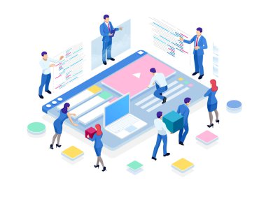 İzometrik Seo analitik takım konsepti. İçerik oluşturma uzmanı ve makale yazarları. Yazma hizmeti, Bu uzmanlar, arama motoru optimizasyonu analizi