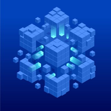 Izometrik soyut mavi küp tasarımı. Dijital Teknoloji Web Banner. Büyük Veri Makinesi Öğrenme Algoritmaları. Analiz ve Bilgi.
