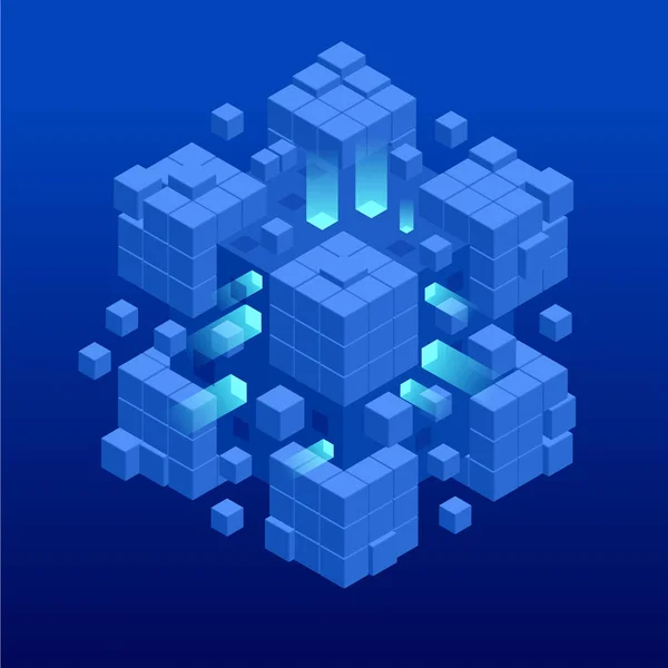 Diseño isométrico abstracto del cubo azul. Digital Technology Web Banner. GRANDES algoritmos de aprendizaje automático de datos. Análisis e información . — Vector de stock