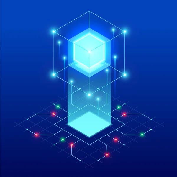 Diseño isométrico abstracto del cubo azul. Digital Technology Web Banner. GRANDES algoritmos de aprendizaje automático de datos. Análisis e información . — Archivo Imágenes Vectoriales