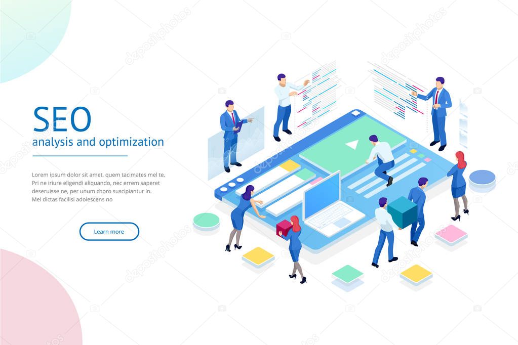 Isometric SEO analytics team concept. Contents creation specialist and article writers. Writing service, IT specialists, search engine optimization analysis