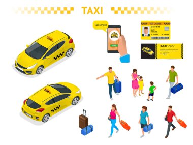 Bir taksi arabası, bagaj, mobil taksi arama uygulaması, bir taksi lisansı ve bir el ilanı ile seyahat insanlar isomeric görüntüleri büyük bir set. Karakter seti. Aktif rekreasyon ve seyahat.