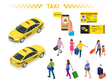 Bir taksi arabası, bagaj, mobil taksi arama uygulaması, bir taksi lisansı ve bir el ilanı ile seyahat insanlar isomeric görüntüleri büyük bir set. Karakter seti. Aktif rekreasyon ve seyahat.