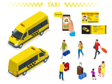 Bir taksi arabası, bagaj, mobil taksi arama uygulaması, bir taksi lisansı ve bir el ilanı ile seyahat insanlar isomeric görüntüleri büyük bir set. Karakter seti. Aktif rekreasyon ve seyahat.