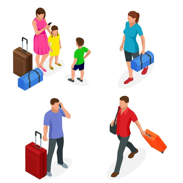 Isometric people with travel bag traveling on vacation. Character set. Active recreation, hiking and adventures.