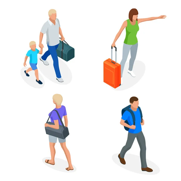 Personnes isométriques avec sac de voyage voyageant en vacances. Jeu de caractères. Loisirs actifs, randonnées et aventures . — Image vectorielle