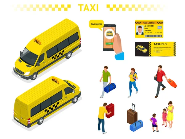 En stor uppsättning isomeriska bilder av en taxi bil, reser människor med bagage, en mobil taxi samtal ansökan, en taxi licens och ett flygblad. Teckenuppsättningen. Aktiv rekreation och resor. — Stock vektor