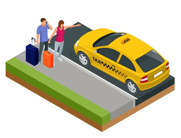 Conceito isométrico de carro de táxi, pessoas viajando com bagagem, um aplicativo de chamada de táxi móvel. Recreação ativa e viagens . — Vetor de Stock