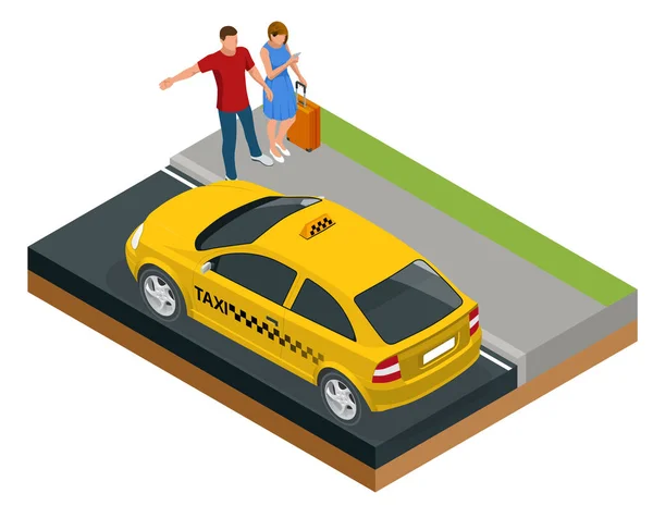 Ισομετρική έννοια του αυτοκινήτου ταξί, ταξιδεύοντας άτομα με αποσκευές, μια αίτηση για κινητή κλήση ταξί. Ενεργός αναψυχή και ταξίδια. — Διανυσματικό Αρχείο