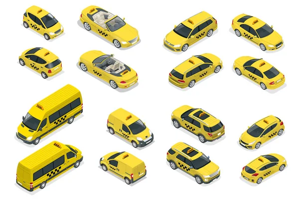 Isométrico piso de alta calidad de servicio de la ciudad icono de transporte conjunto. Taxi de coche. Construye tu propia colección de infografía web mundial. maqueta de marca de taxi . — Vector de stock