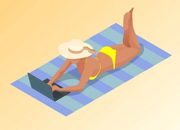 Ізометрична молода жінка працює на пляжі з ноутбуком в сонячний день, відчуваючи розслабленість. Концепція фрілансу або блогів. Робота з задоволенням . — стоковий вектор