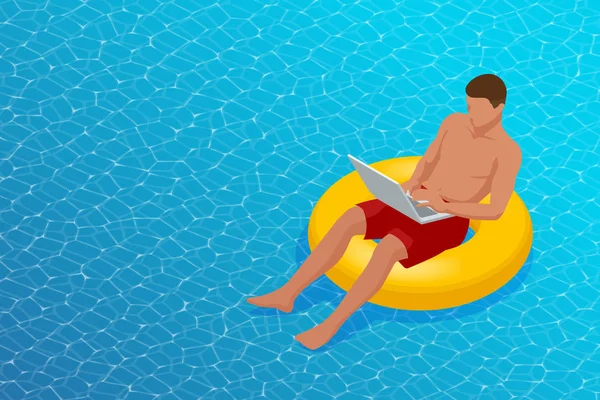 Izometryczny młody człowiek pracujący na plaży z laptopem w słoneczny dzień, uczucie relaksu. Freelance lub Blogging koncepcji. Pracuj z przyjemnością. — Wektor stockowy