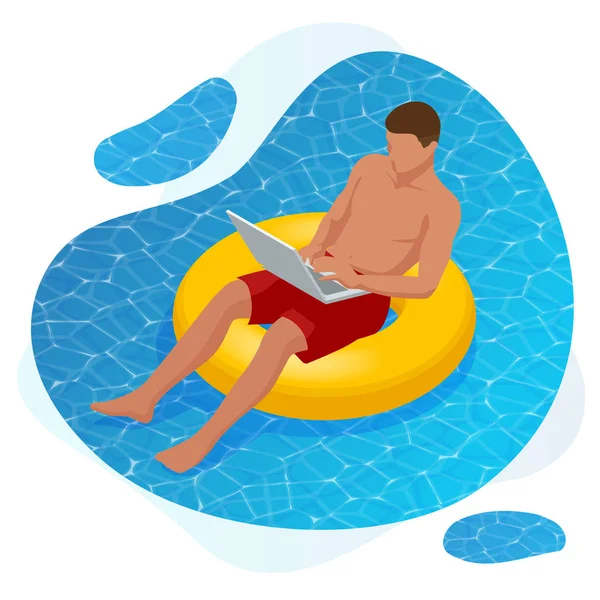 Изометричный молодой человек, работающий на пляже с ноутбуком в солнечный день, чувствует себя расслабленным. Концепция фриланса или блога. Работа с удовольствием . — стоковый вектор