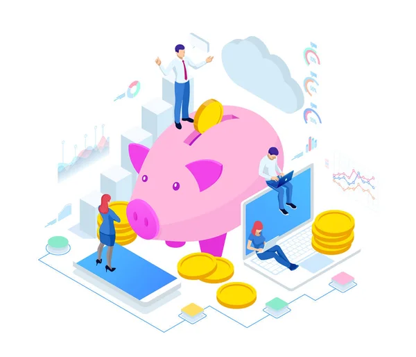 Pengusaha Isometric menempatkan koin ke dalam celengan babi. Simpan konsep uang. Kelola Analisis Uang dan Keuangan . - Stok Vektor