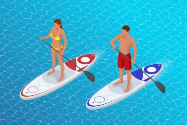Isometrik genç çift paddleboard veya Sup ayağa pratik. Sörf mavi su ile deniz macera. Sup Kurulu.