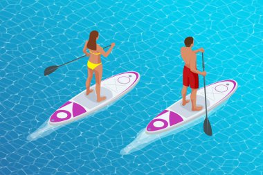 Isometrik genç çift paddleboard veya Sup ayağa pratik. Sörf mavi su ile deniz macera. Sup Kurulu.