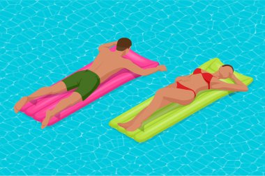 Şişme halka ve yatak. Büyük yüzme havuzunda hava şiltesinde genç adam nad kadın. Yaz tatili cennet. Güneşin tadını çıkarıyorum. Tatil konsepti. Yukarıdan yüksek görünüm.