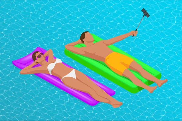 Надувне кільце та матрац. Молодий чоловік над жінкою на повітряному матраці у великому басейні. Літні канікули ідилічні. Насолоджуйся засмагою. Концепція відпустки. Високий вид зверху . — стоковий вектор