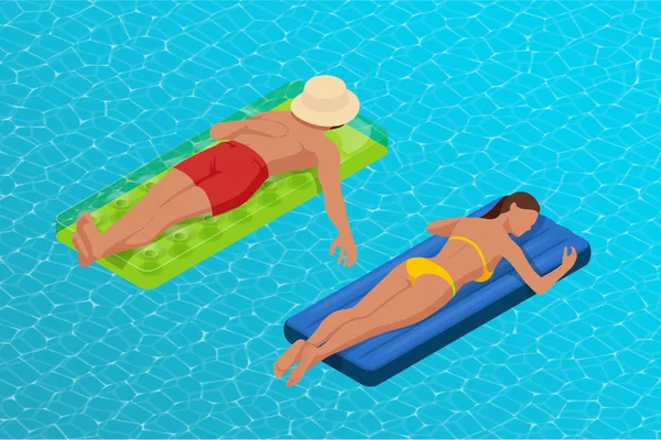 Anneau et matelas gonflables. Jeune homme nad femme sur matelas gonflable dans la grande piscine. Vacances d'été idyllique. Profitant du bronzage. Concept de vacances. Vue de dessus . — Image vectorielle