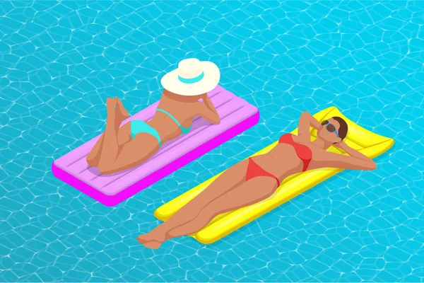 Надувне кільце та матрац. Молоді жінки на повітряному матраці у великому басейні. Літні канікули ідилічні. Насолоджуйся засмагою. Концепція відпустки. Високий вид зверху . — стоковий вектор