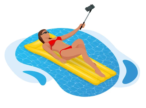 Inflatable ring and mattress. Young woman in bikini on the yellow air mattress in the big swimming pool. Summer holiday idyllic. Enjoying suntan. Vacation concept. High view from above. — Stock Vector