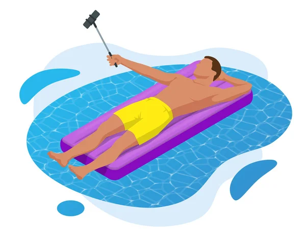 充气戒指和床垫。年轻人在大游泳池里用充气床垫。暑假田园诗般的。享受日光浴。度假理念。从上面高视图. — 图库矢量图片