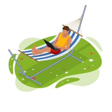 Isometrik Bahçe hamak. Yaz bahçesindeki hamakta dinleniyoruz