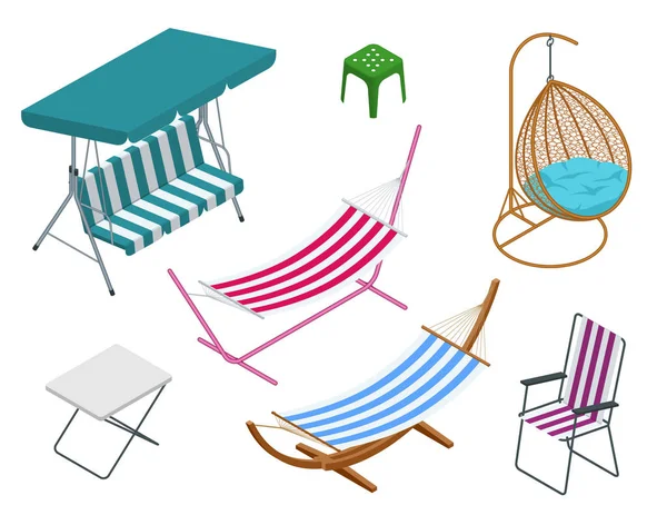 Isometric garden swings isolated on white background. Place for outdoor recreation. Set of Garden swings — Stock Vector