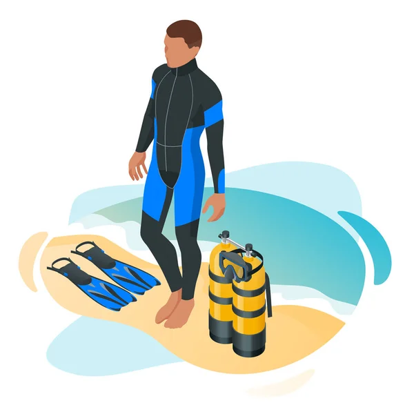다이빙 후 아이소메트릭 스쿠버 다이버가 해변에 있습니다. 남자 스쿠버 다이빙 장비 즐기는 해변 휴가. 수중 스포츠. — 스톡 벡터