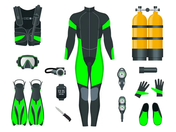 Man s Scuba equipamentos e acessórios. Equipamento para mergulho. Fato de mergulho IDiver, máscara de mergulho, snorkel, barbatanas, ícones de mergulho regulador. Atividade subaquática equipamentos de mergulho e acessórios. Desporto subaquático . — Vetor de Stock
